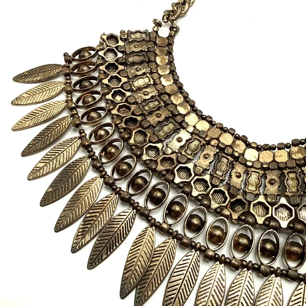 ALDO Boho Statement Bib Necklace Leaf Fringe Distressed Gold Tone Tribal Collar
